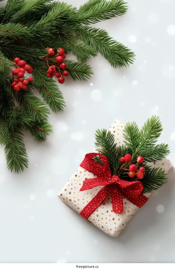Christmas Gift Box Decorated with Fir Branches