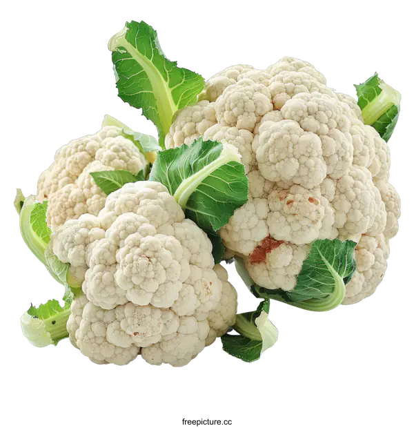 [Transparent Background PNG]Three heads of white cauliflower with green leaves on a black background