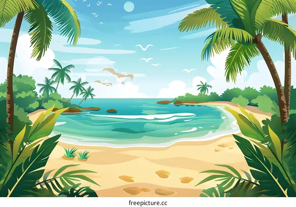 Tropical Beach Scene with Palm Trees and Ocean
