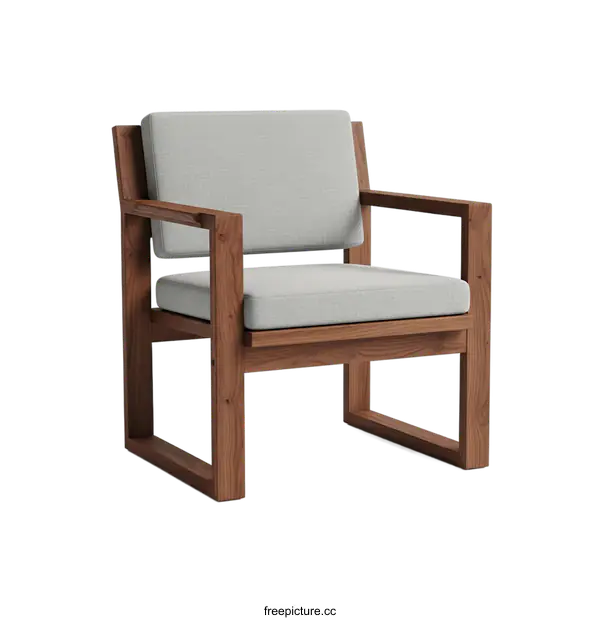 [Transparent Background PNG]Modern wooden armchair with light gray upholstery for indoor use
