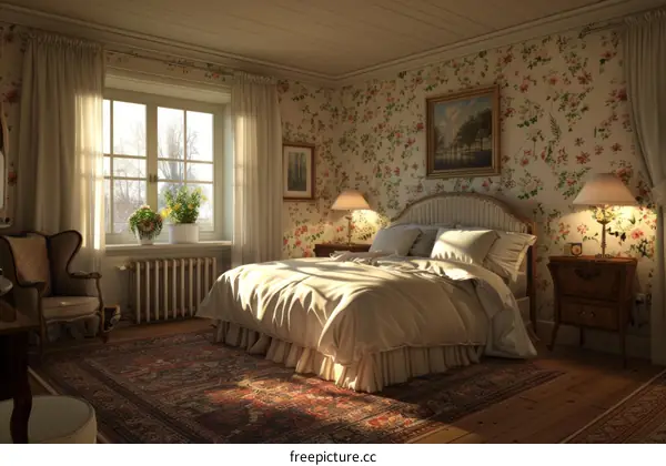Vintage Floral Bedroom Interior Design Illustration
