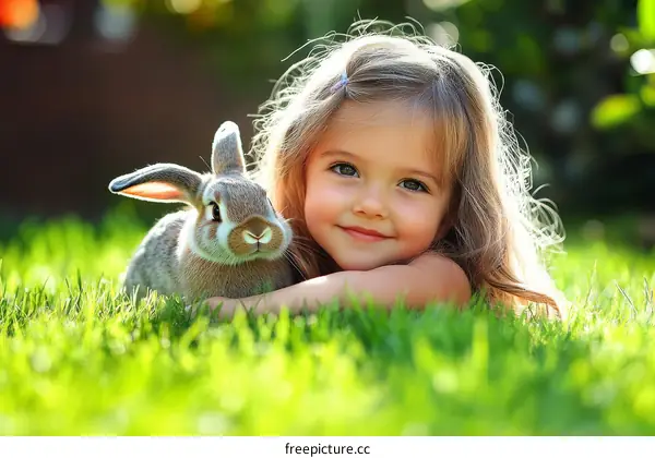 Cute Little Girl with a Rabbit in a Sunny Garden