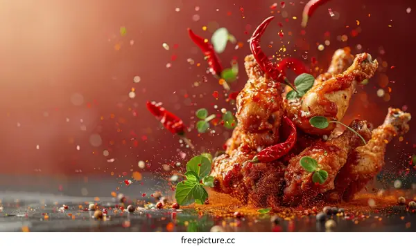 Hot and spicy chicken wings with flying chili peppers and spices