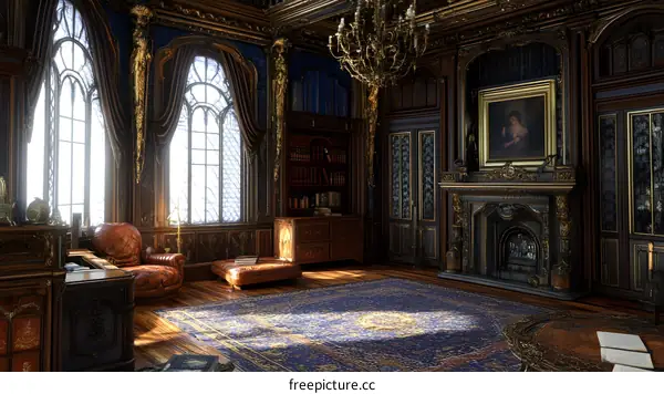 Ornate Interior Design with Gold Accents and Large Windows