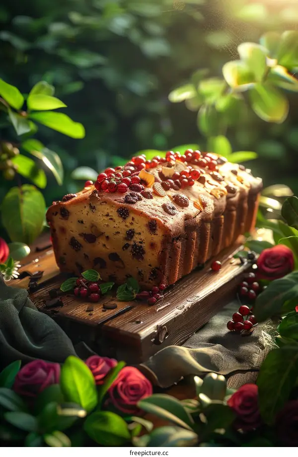 Close up of homemade cranberry and orange cake on wooden table outdoors