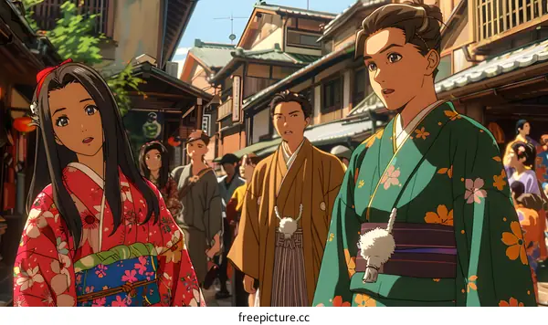 A group of people in a traditional Japanese street