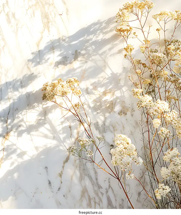 White Marble Background with Dried Flowers and Shadows
