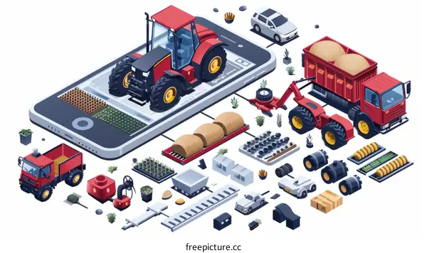 A farmer uses a smartphone to control a tractor in a smart farm