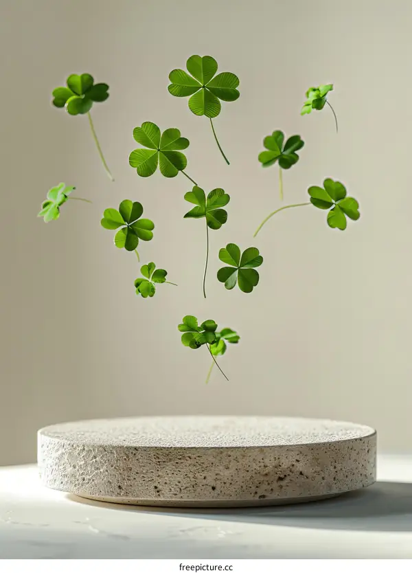 Green four-leaf clovers floating above a stone podium against a beige background.