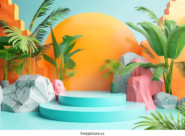 Geometric Shapes with Tropical Plants in Blue and Green