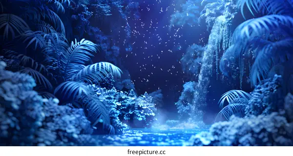 Blue Night Forest Waterfall Fantasy Illustration