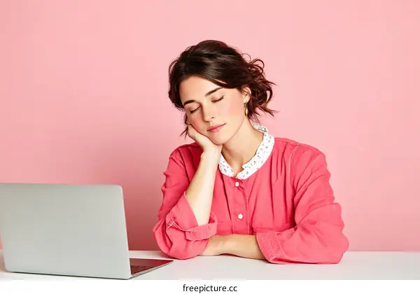 Tired Woman Relaxing with Laptop on Pink Background