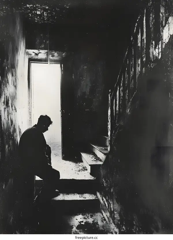 A man is sitting on the stairs in the darkroom.