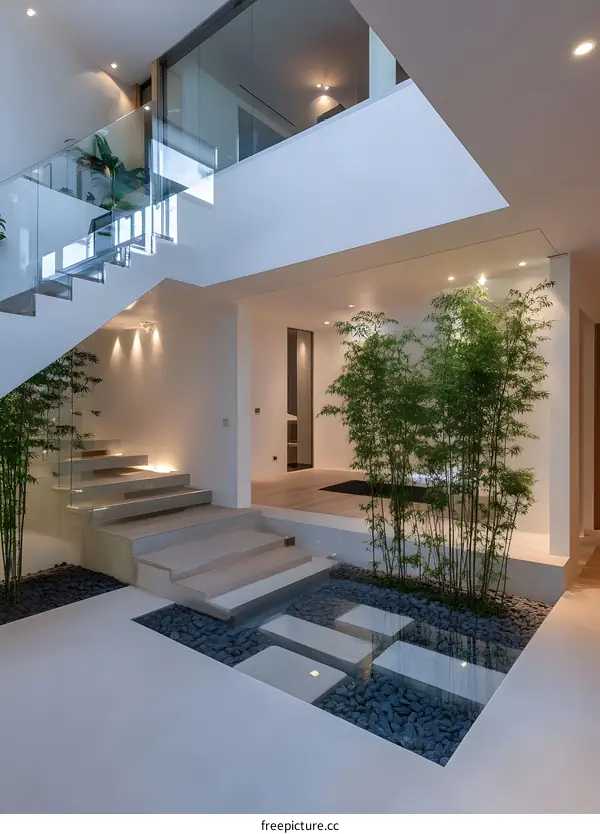 Modern Interior Design with Staircase and Minimalist Garden