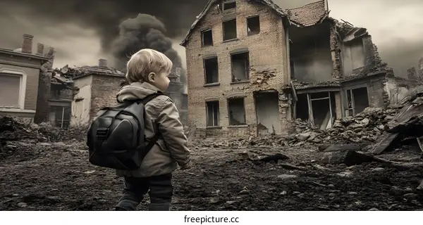 A Child Standing In Front Of A Destroyed Building