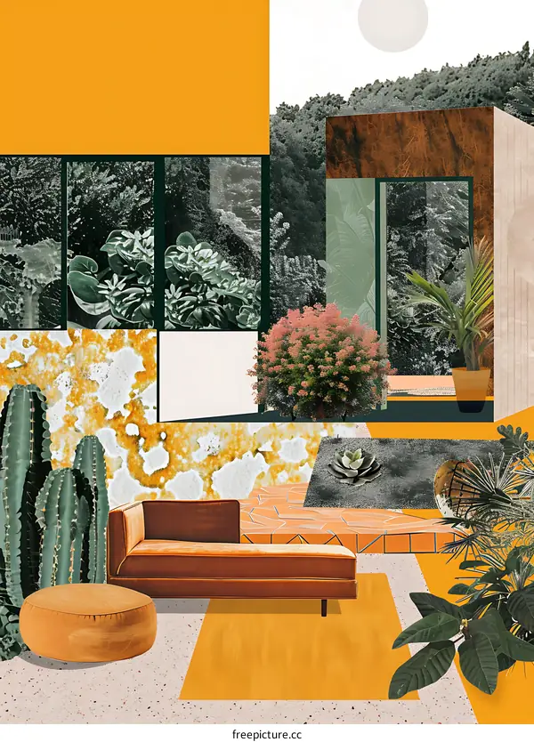 Modern Collage Illustration of a Home Interior With Lush Greenery