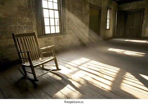 Sunlight Streams Through Dusty Windows In Abandoned Room With Rocking Chair