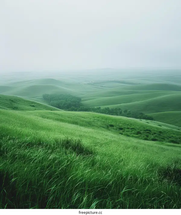 Misty Morning View of Rolling Green Hills