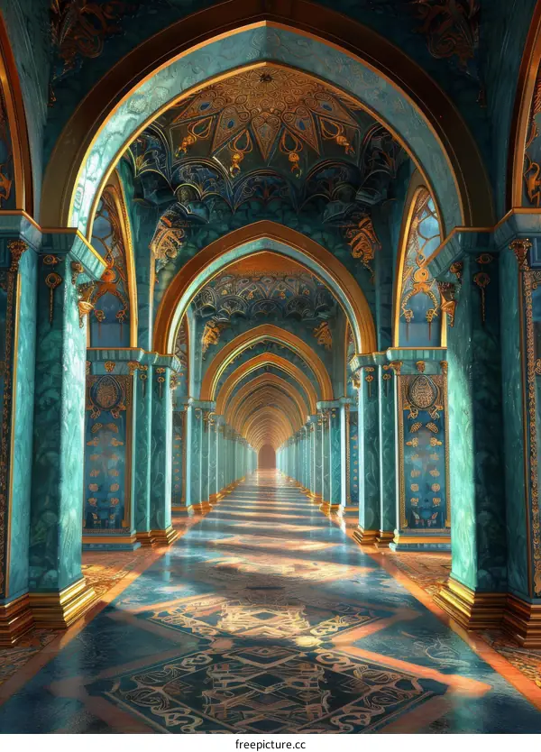 An illustration of a long hallway with blue and gold columns and arches.