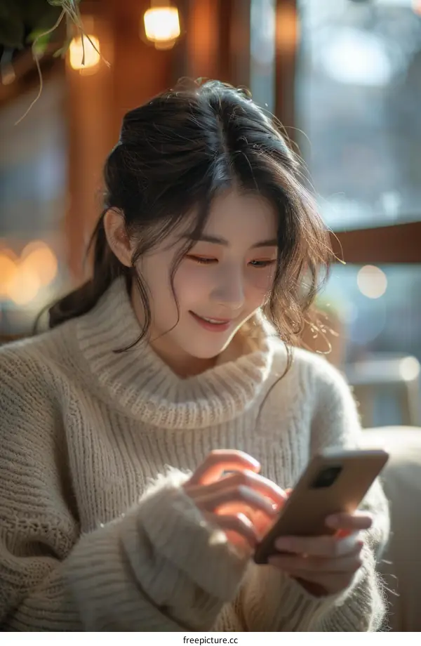 Asian woman smiling while texting on her phone