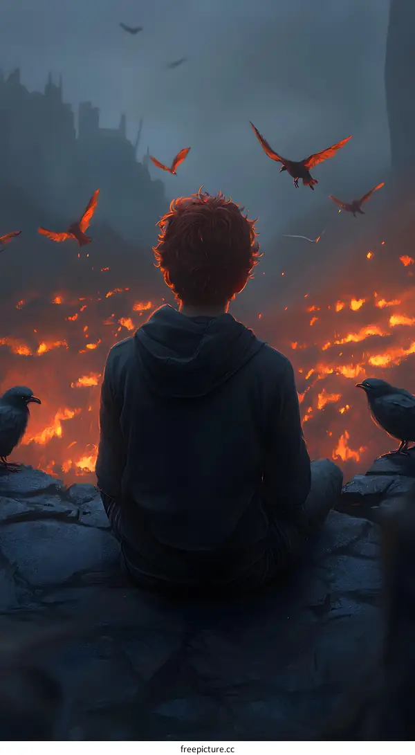 Man Sitting on a Cliff Looking at a City on Fire