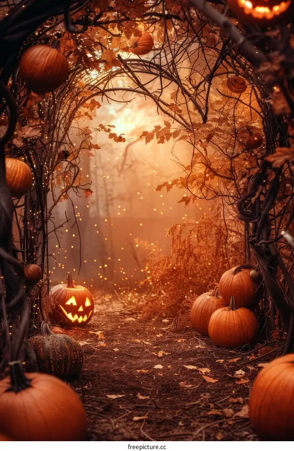 Halloween pumpkin archway in a forest