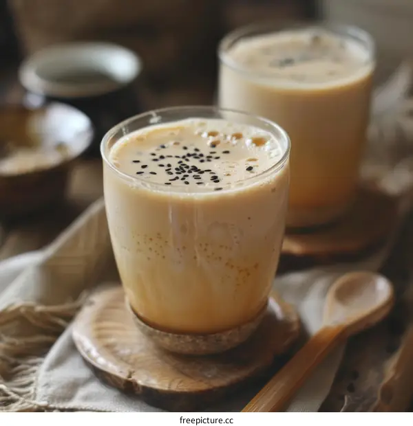 Iced hojicha latte with black sesame seeds