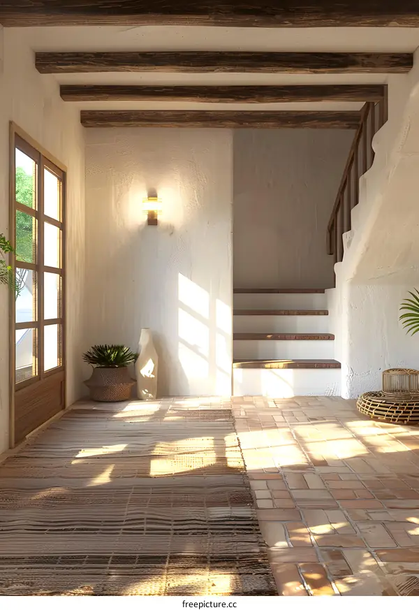 Modern Home Interior Design with Wooden Beams and Staircase