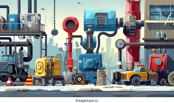 Industrial Machinery and Cityscape Illustration