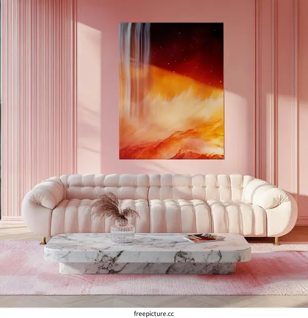 Pink Living Room with Abstract Waterfall Painting