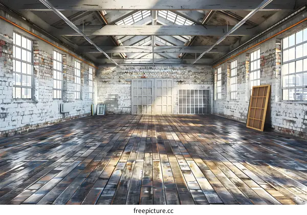Empty Rustic Loft Interior Design With Brick Walls and Wooden Floor