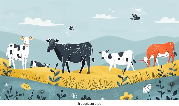 Cute Cartoon Cows in a Meadow with Flowers and Birds