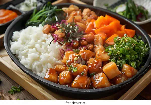 A delicious and healthy meal with chicken, vegetables, and rice.