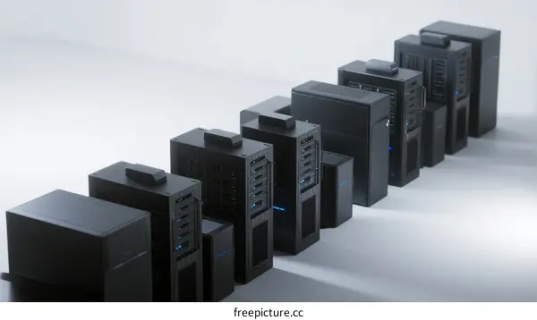 Row of modern black servers in a data center setting