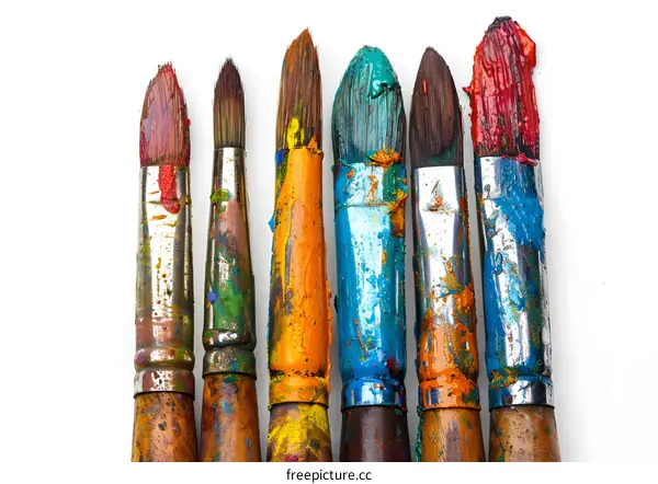 Colorful paint brushes on white background