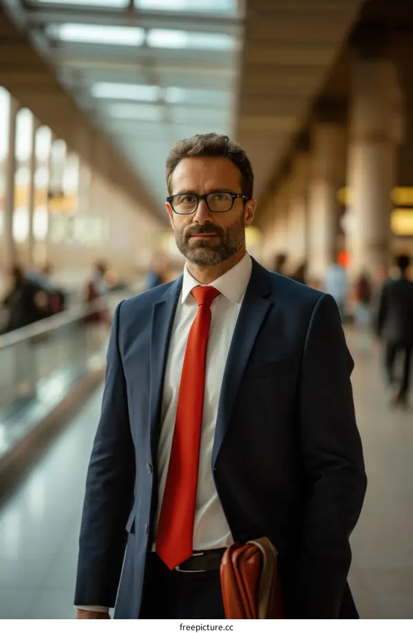 Businessman in a suit and tie standing in a modern building