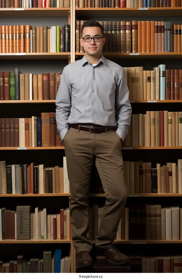 Young Hispanic male student posing in library