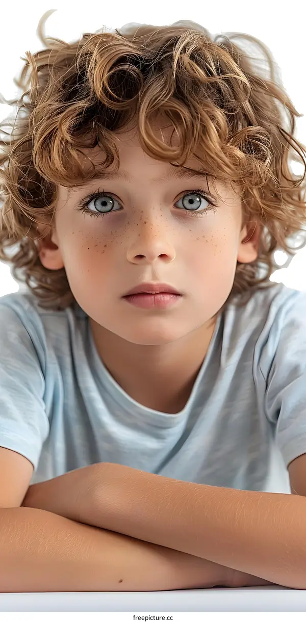 Portrait of a boy with curly hair and freckles
