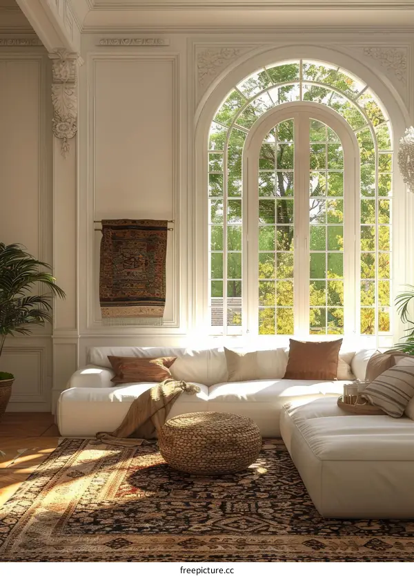 Bright and Spacious Living Room with Arched Windows