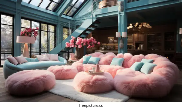 blue and pink living room