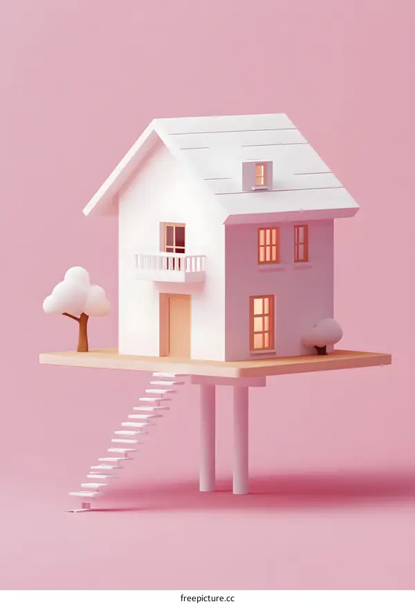 3D Illustration of a White House on Stilts with Pink Background