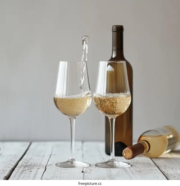 Two glasses of white wine on a wooden table