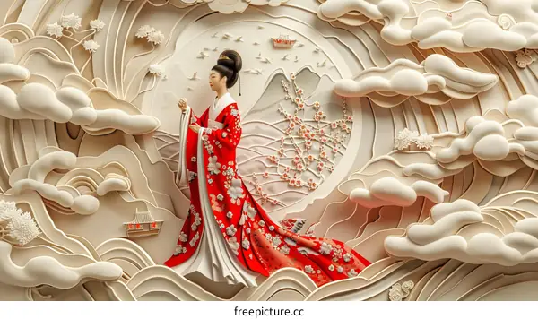 An illustration of a Chinese woman in a red dress with a white background.
