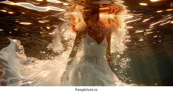 Underwater photoshoot of a woman in a white dress