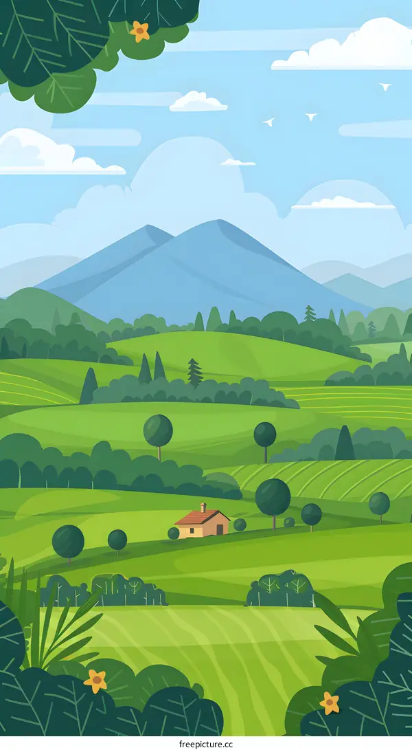 Green Valley Landscape with Hills and Small House