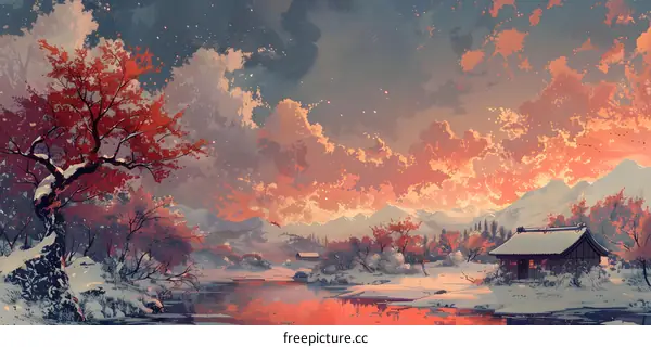 A winter scene of a house in the mountains with a river in front