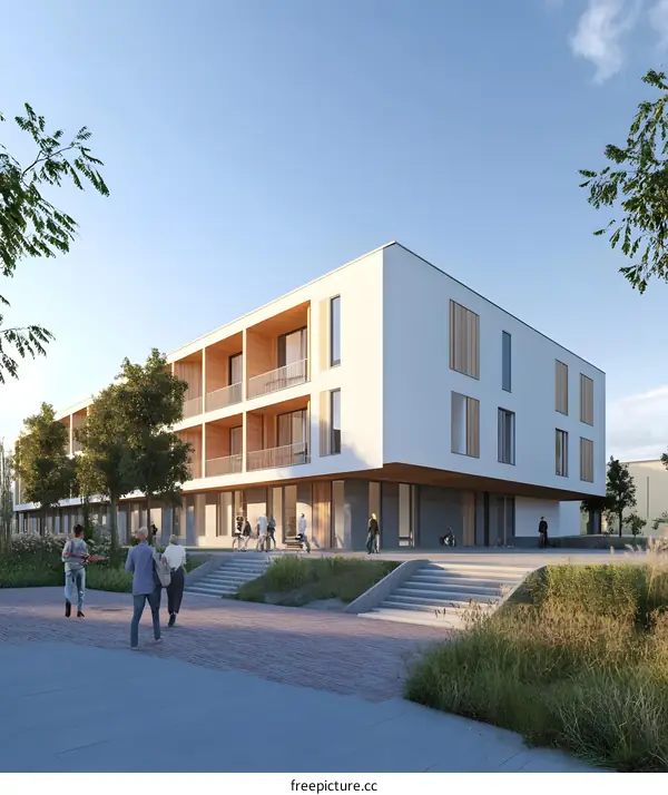 Modern Apartment Building with People Walking in Front