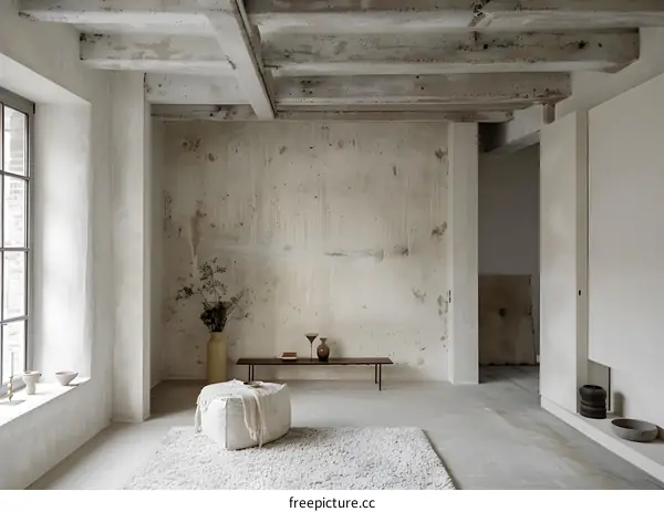 Minimalist Interior Design With Exposed Beams and Concrete Walls
