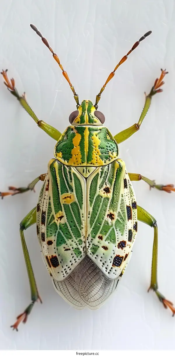 A green and yellow shield-shaped stink bug on a white background