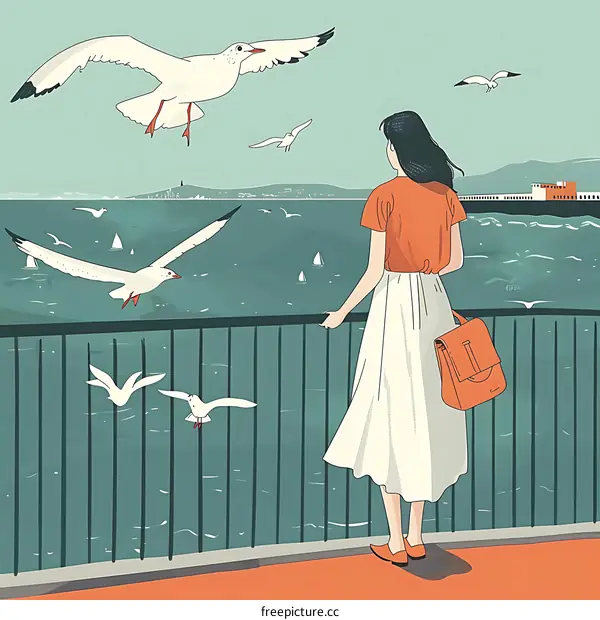 Seagull Flying Over Woman By The Sea